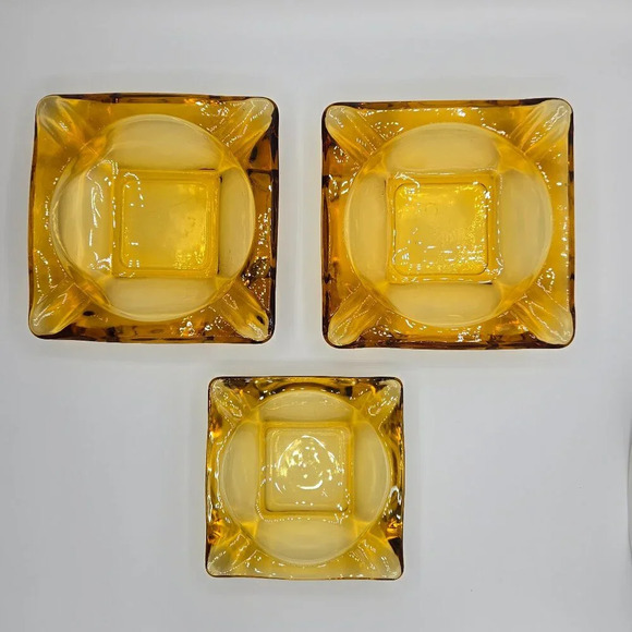 Set of 3 Vintage 1970s Anchor Hocking Amber MCM Glass Square Tapered Ashtray - Picture 8 of 10